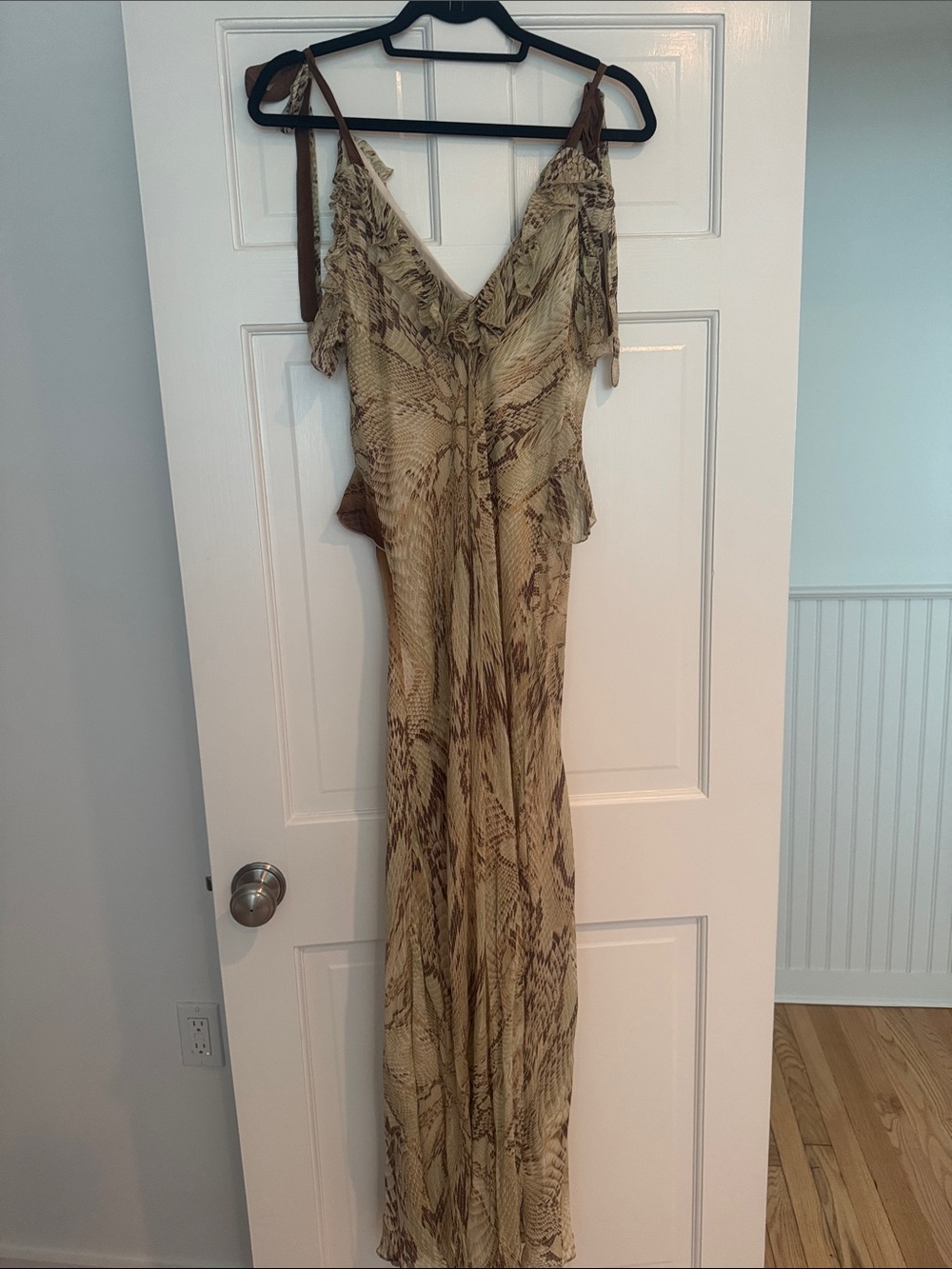 Zara Beige Snake-Print Ruffle Maxi Dress with Tie Straps - Picture 2 of 2